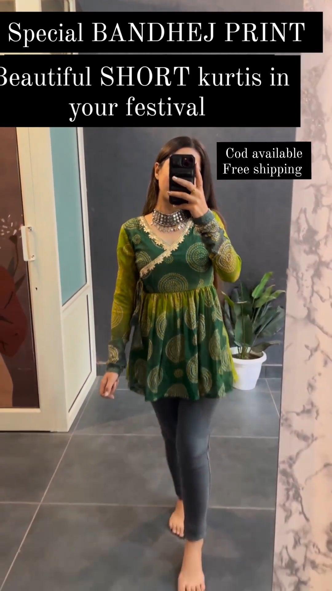 New Printed Green Bandhani Long Sleeve With Less Tops