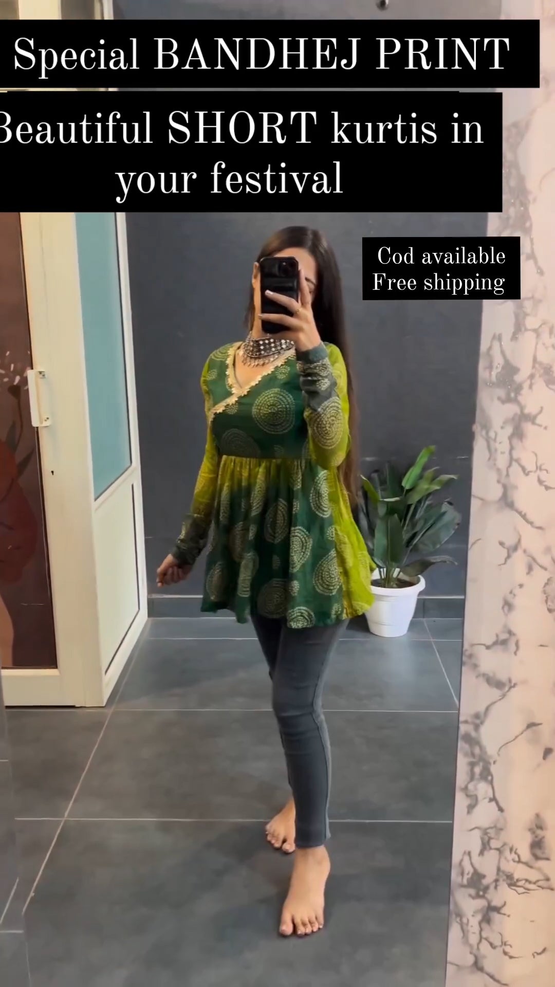 New Printed Green Bandhani Long Sleeve With Less Tops