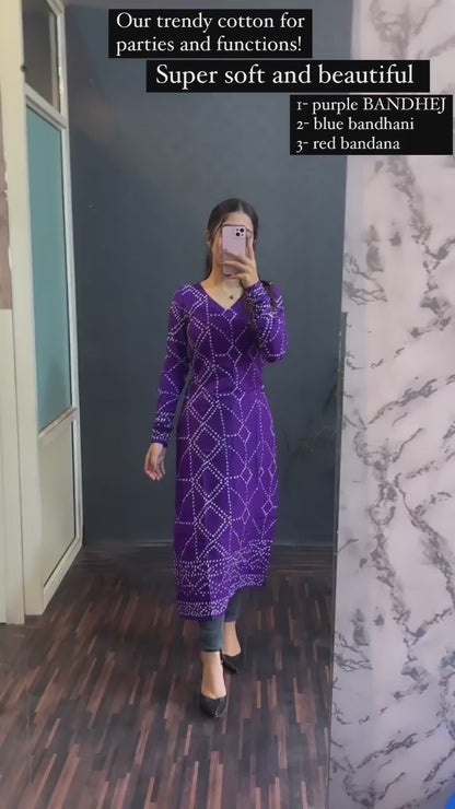 Dressyloo new womens purple bandhani cotton printed kurti